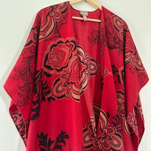 Chico's Womens Open-Front Ruana Red Black Paisley Jacquard Wrap Shawl Poncho OS - Picture 2 of 5